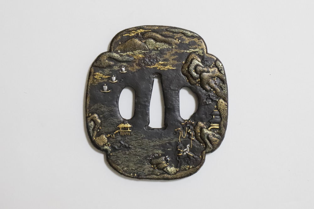 ○離れ縁○在銘【若芝】○鉄地○布目金象嵌○大刀用○刀装具○江戸期⠀